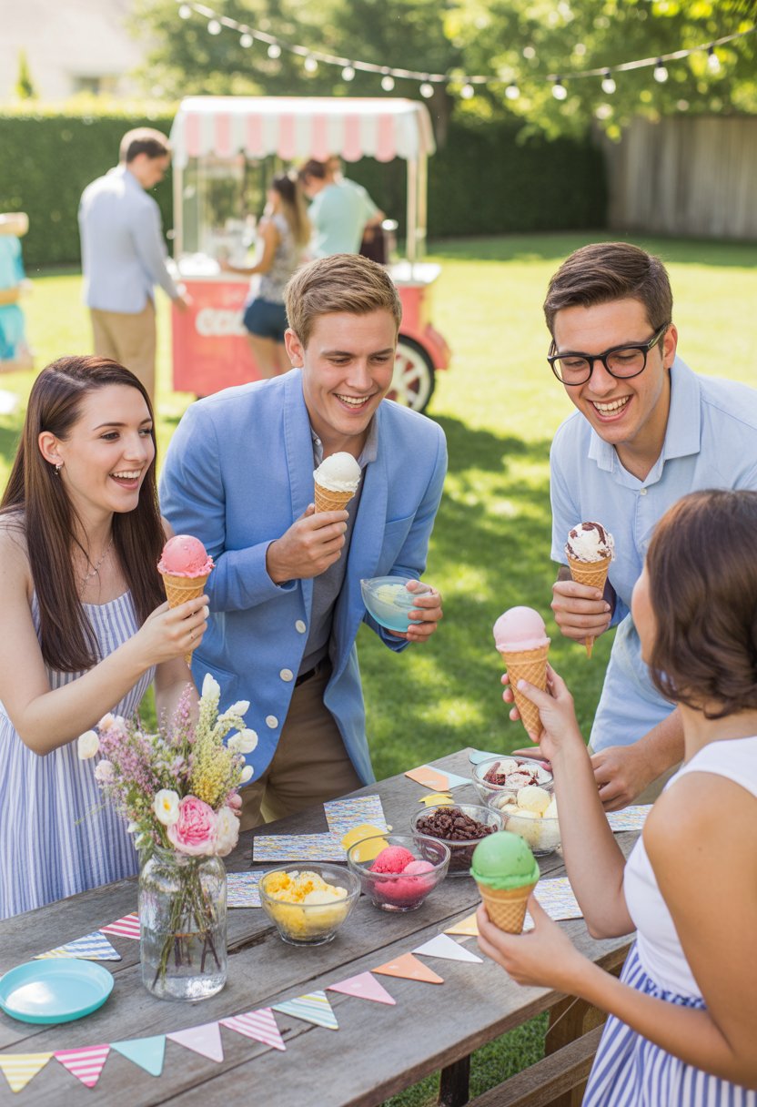 A group of people enjoying an outdoor engagement party with ice cream, decorations, and smiling guests in a sunny backyard.